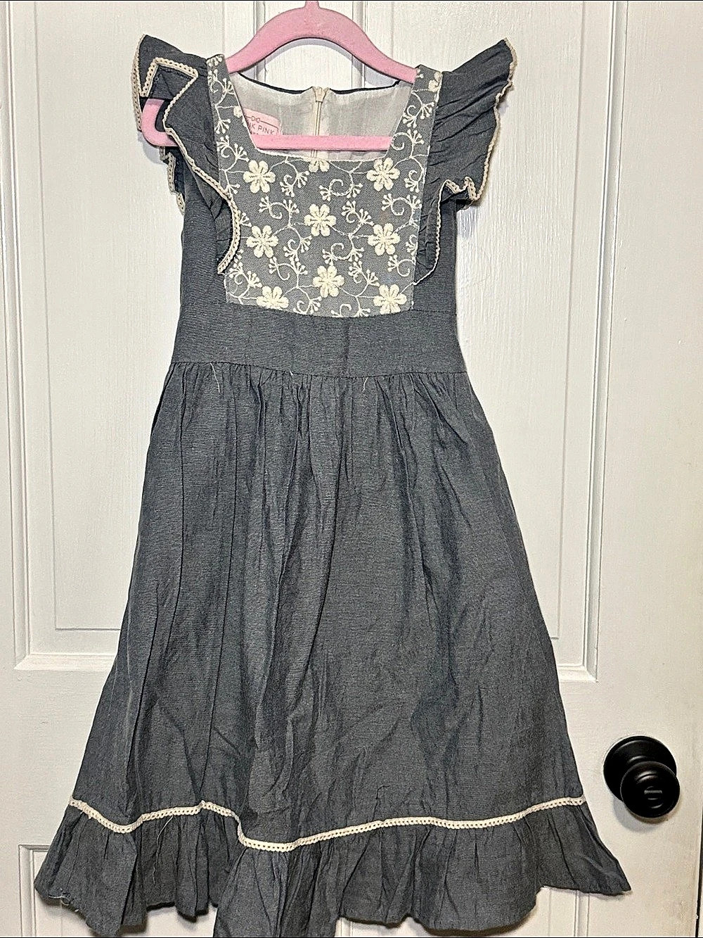 Girls Floral Ruffle Dress in denim blue